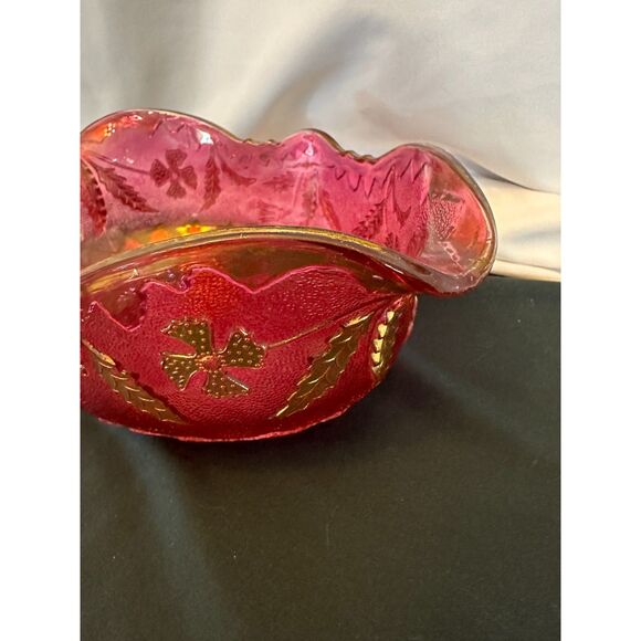 VINTAGE Delaware US GLASS Pink Rose Stain Fruit BANANA Bowl Gold Accent ANTIQUE - Picture 7 of 16